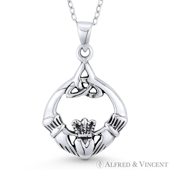 Irish Claddagh, Heart, & Celtic Triquetra Knot Charm in .925 Sterling Silver - Picture 1 of 1